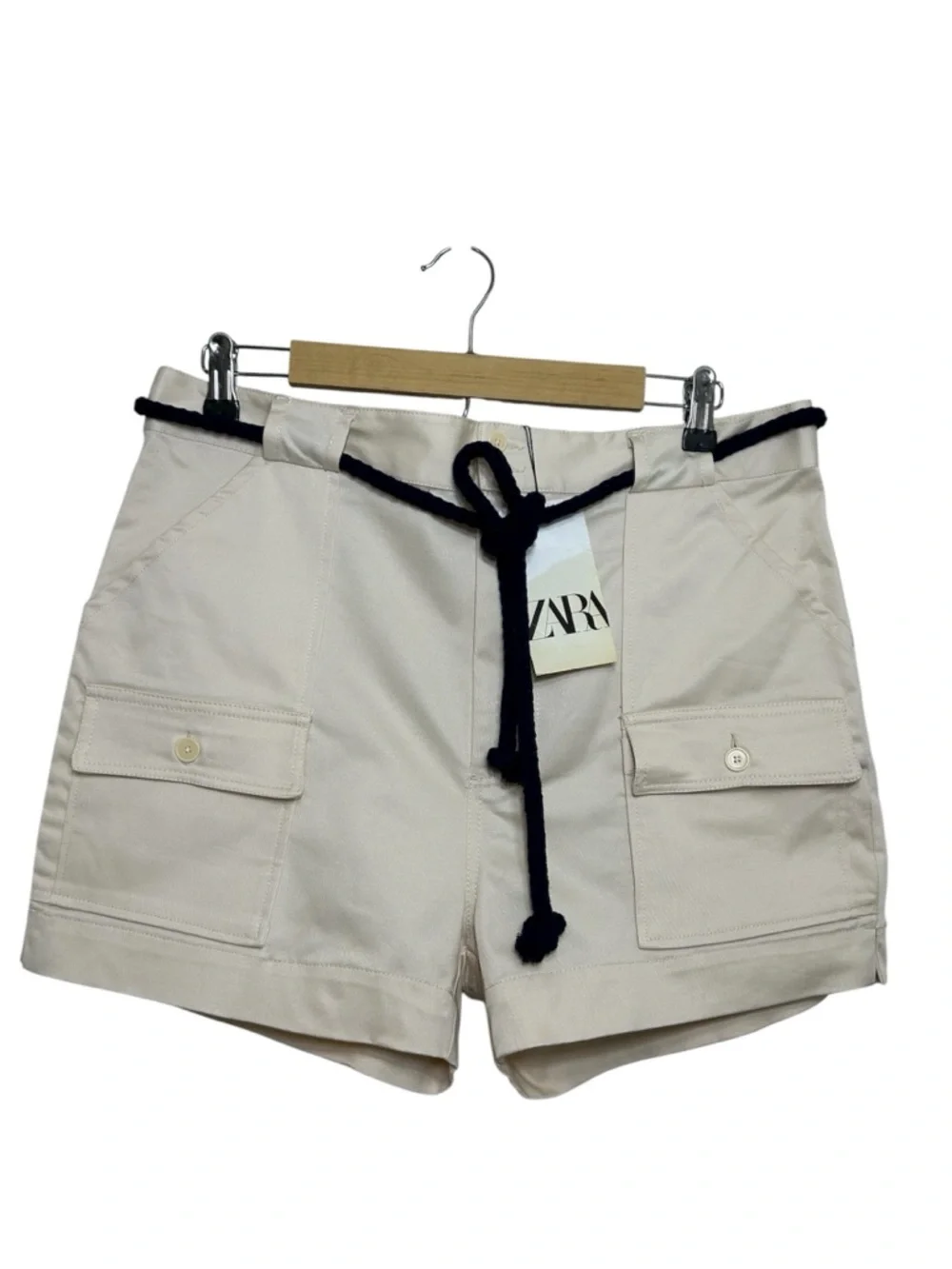 Zara Men’s Cotton Blend Cream Resort Beach Cargo Shorts with Navy Rope Tie 34
